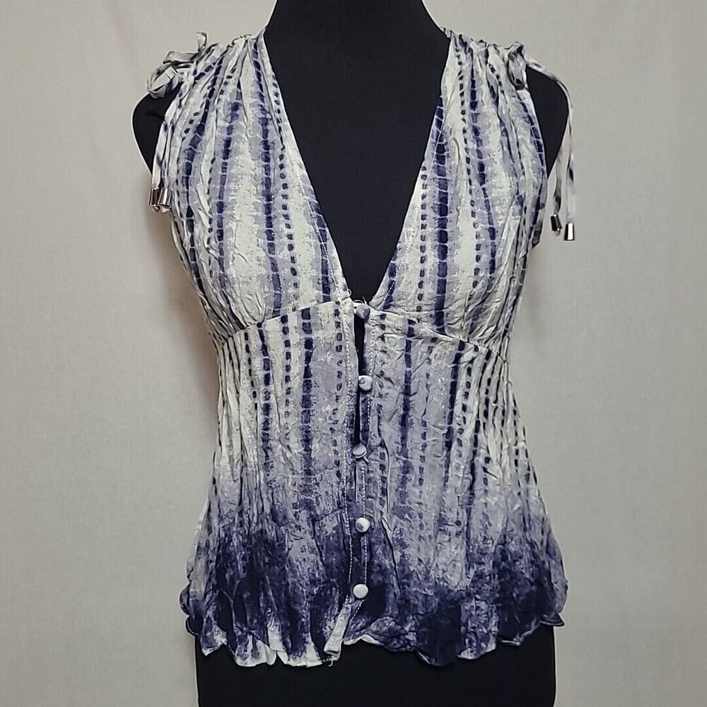 Honey Belle Tie Shoulder Top Medium Tie Dye Button Front Crinkle